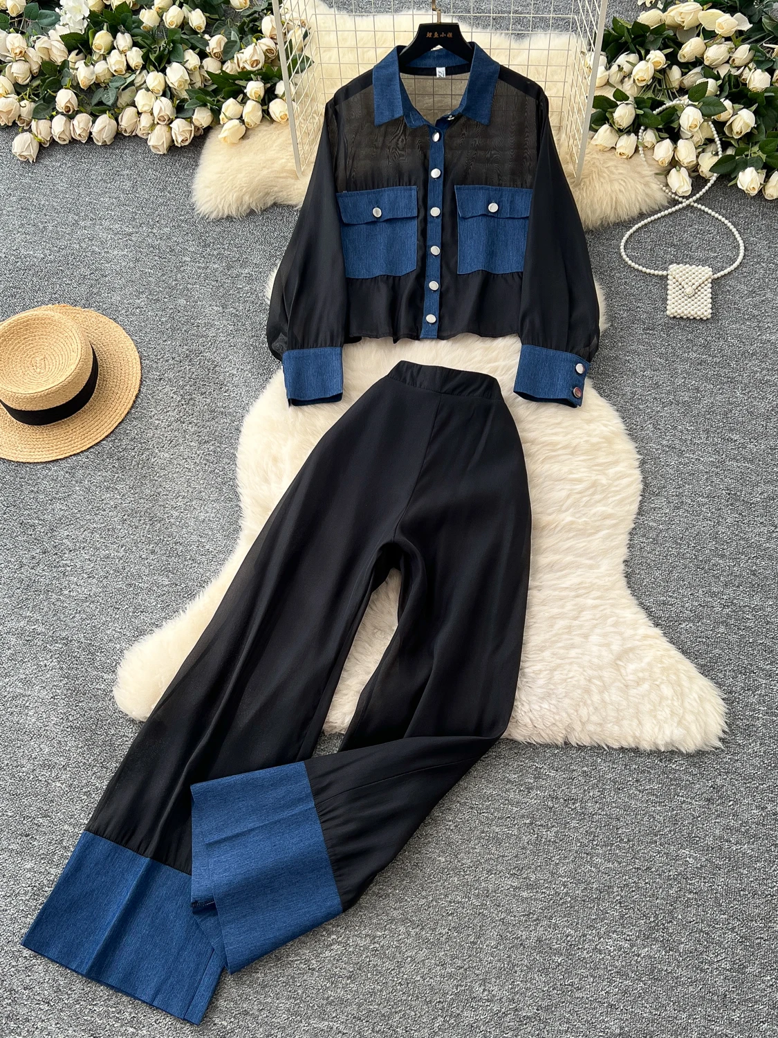 Conjunto de Moda Fena de Verão com Csa de Manga Longa de Design Patchwork em Jeans Picante e Fresco e Calças Longas de...