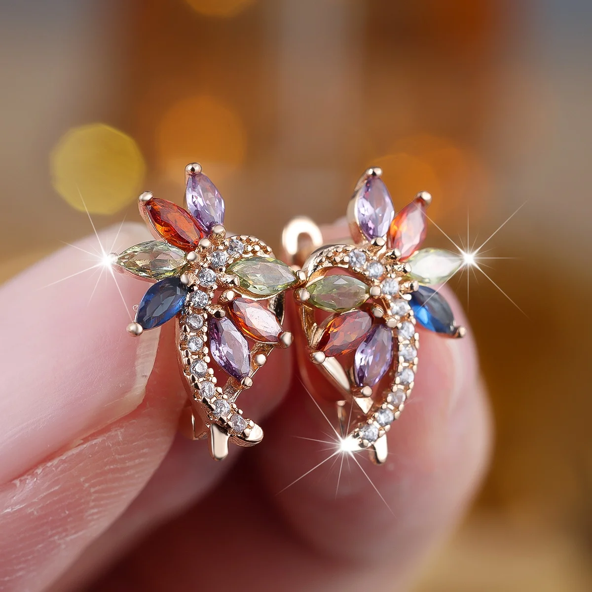 Crystal Rainbow Zircon Stone Flower Hoop Earrings For Women Vintage Gold Color Wedding Jewelry