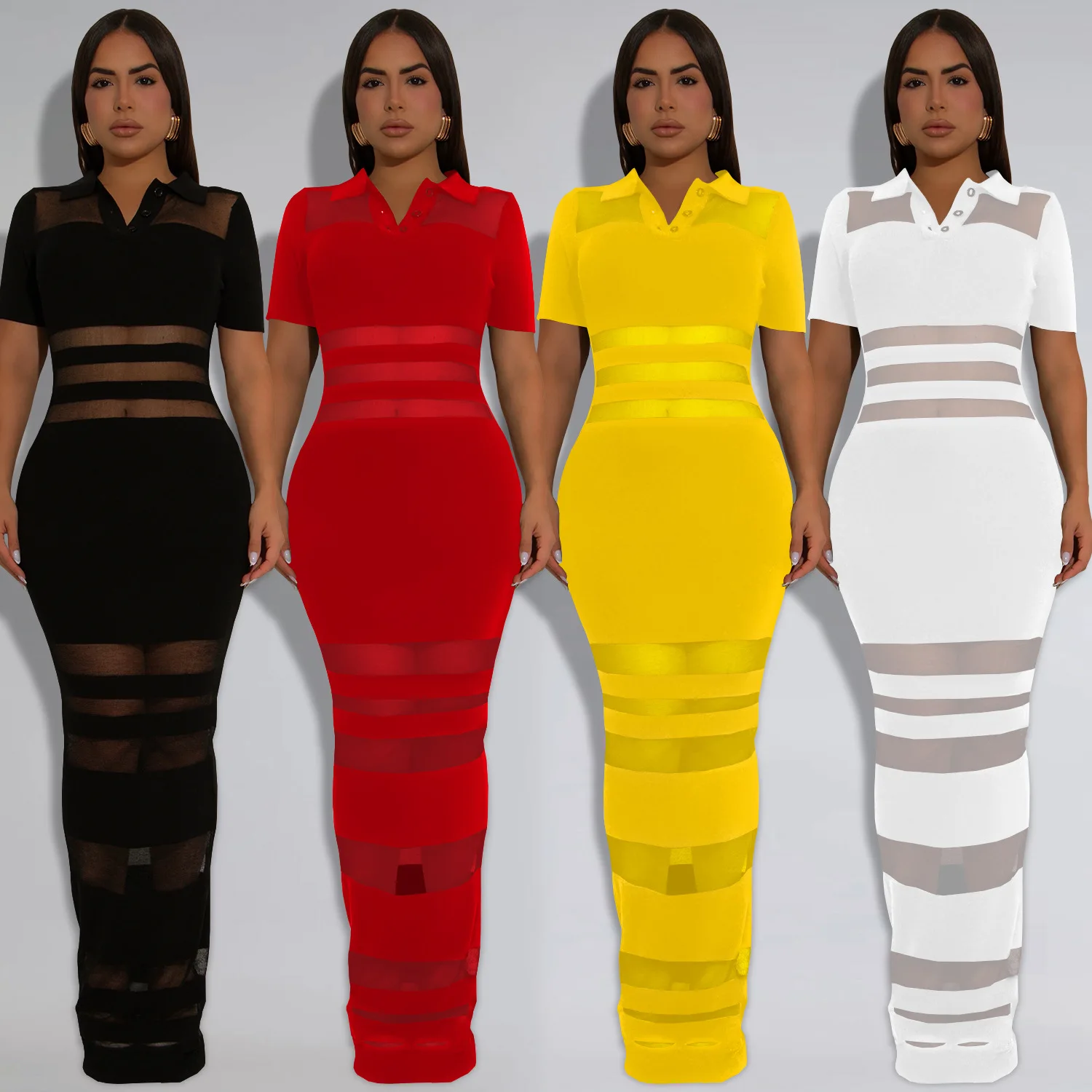 

Women Dress Summer Sexy See-Through Mesh Patchwork Short Sleeve Hip Hugging Bodycon Dress Fashion Party Gown Evening Dress