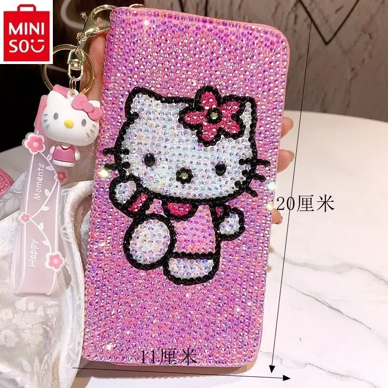 MINISO-Portefeuille Hello Kitty en diamant pour femme, ensemble d'autocollants, paillettes, mignon et doux, carte, sac personnalisé, mode