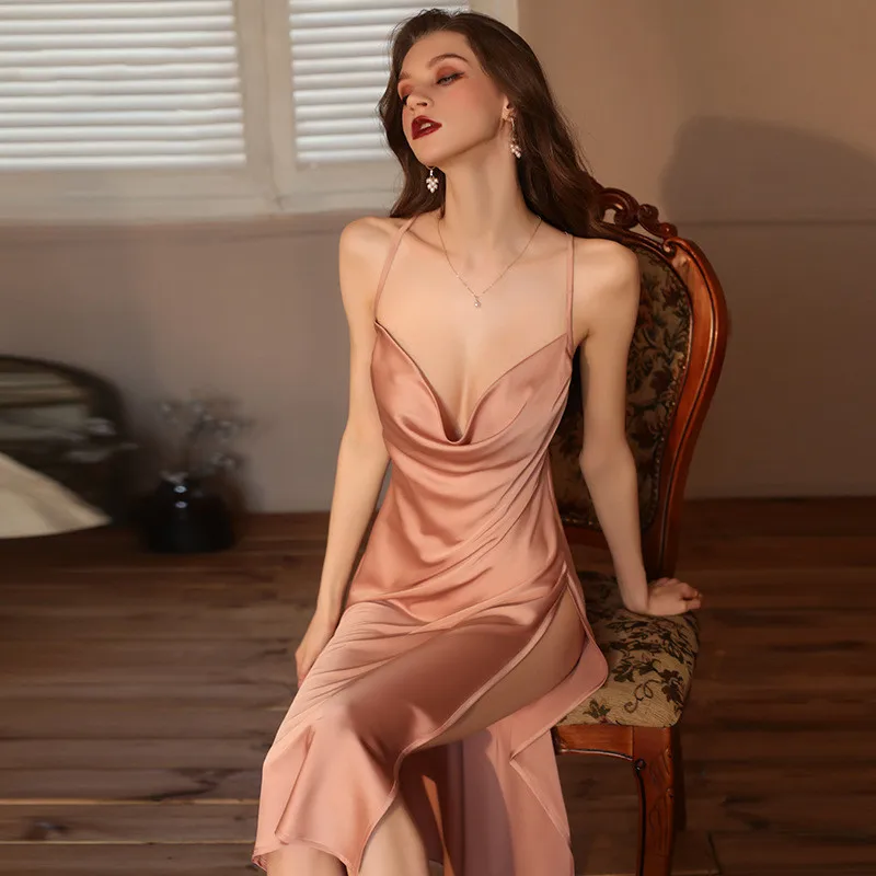 Lady Spaghetti Strap High Split Nightdress Nightgown Women Satin Silky Sexy Sleepwear Nighty Gown Home Clothes