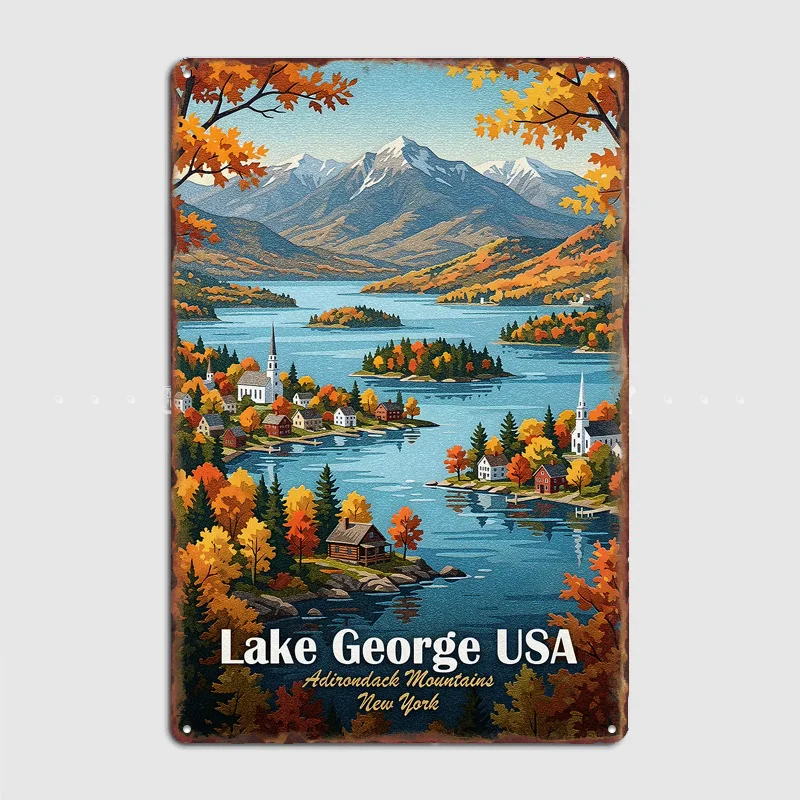 

Lake George USA Autumn Landscape Travel Poster Metal Sign Bar Custom Bedroom Indoor Home Wall Decor Posters Room Decoration