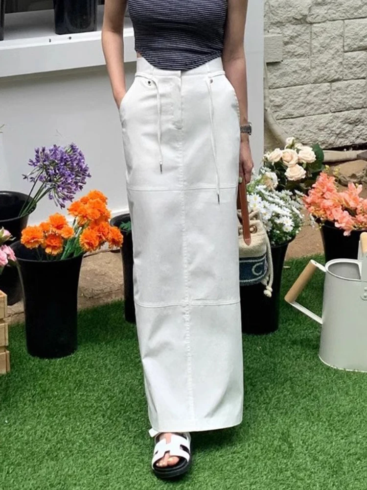 Gonna lunga elegante a vita alta con coulisse Gonna longuette da lavoro a trapezio da donna Orlo asimmetrico Effetto dimagrante Estate Versatile