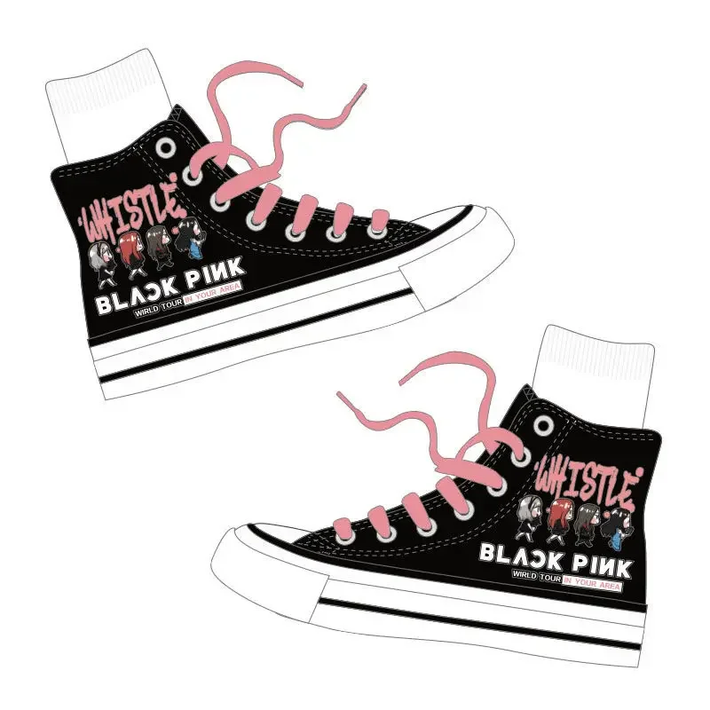 Korean girl group Idol accessories black canvas shoes pink high top sneakers for fan support Lisa Jisoo Jennie rosé