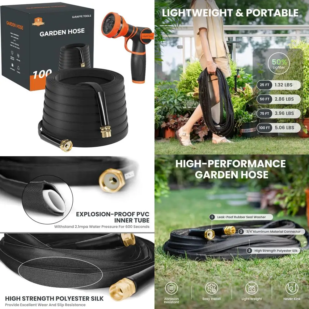 

Легкий гибкий садовый шланг длиной 100 футов с 9 функциями распыления — прочный плоский водяной шланг без ударов для использования на открытом воздухе