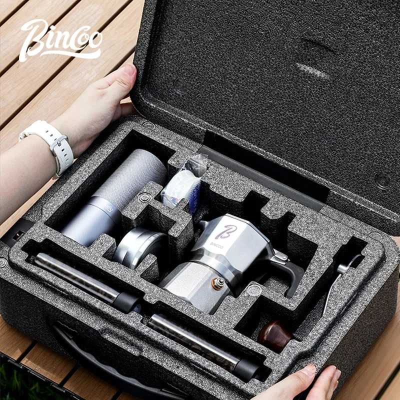 316SS Moka Pot with Grinder, 3-Valve Stovetop Espresso Maker, Portable Carry Case & Brush, Outdoor Coffee Brewing Set