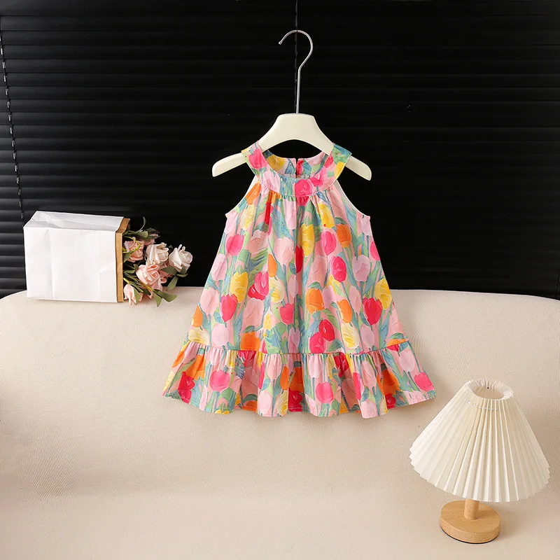 Summer Kids Halter Dress Sleeveless Tulip Floral Girls A-Line Dresses Ruffle Hem Children Sundress for Beach Vacation Wear