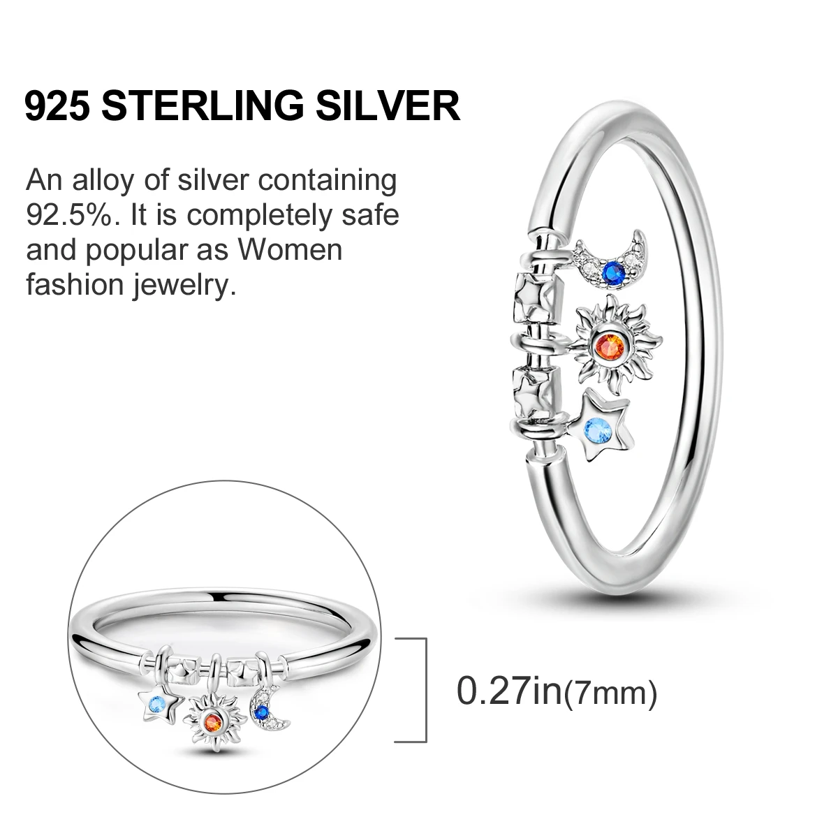 Hot 925 Sterling Silver Fashion Sun Moon Star Rings For Women Temperament Sparkling Rings Finger Wedding Fine Jewelry Charm Gift