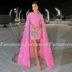 Luxury Short Prom Dress with Feathers Cape Scoop Neck Crystals Mini Cocktail Party Gown Saudi Arabian Evening Dresses Pageant