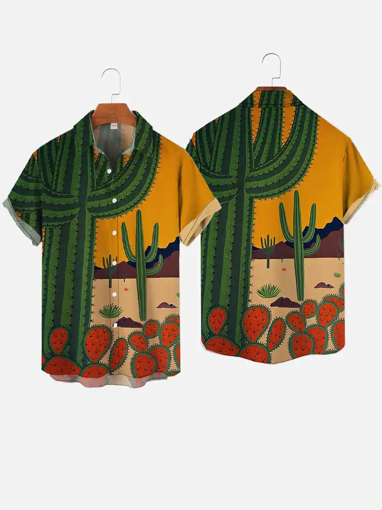 Men's Cactus Desert Printed Shirts Fashion Casual Hawaiian Beach Resort Shirt Summer Natural Landscape Vintage Printed Shirts