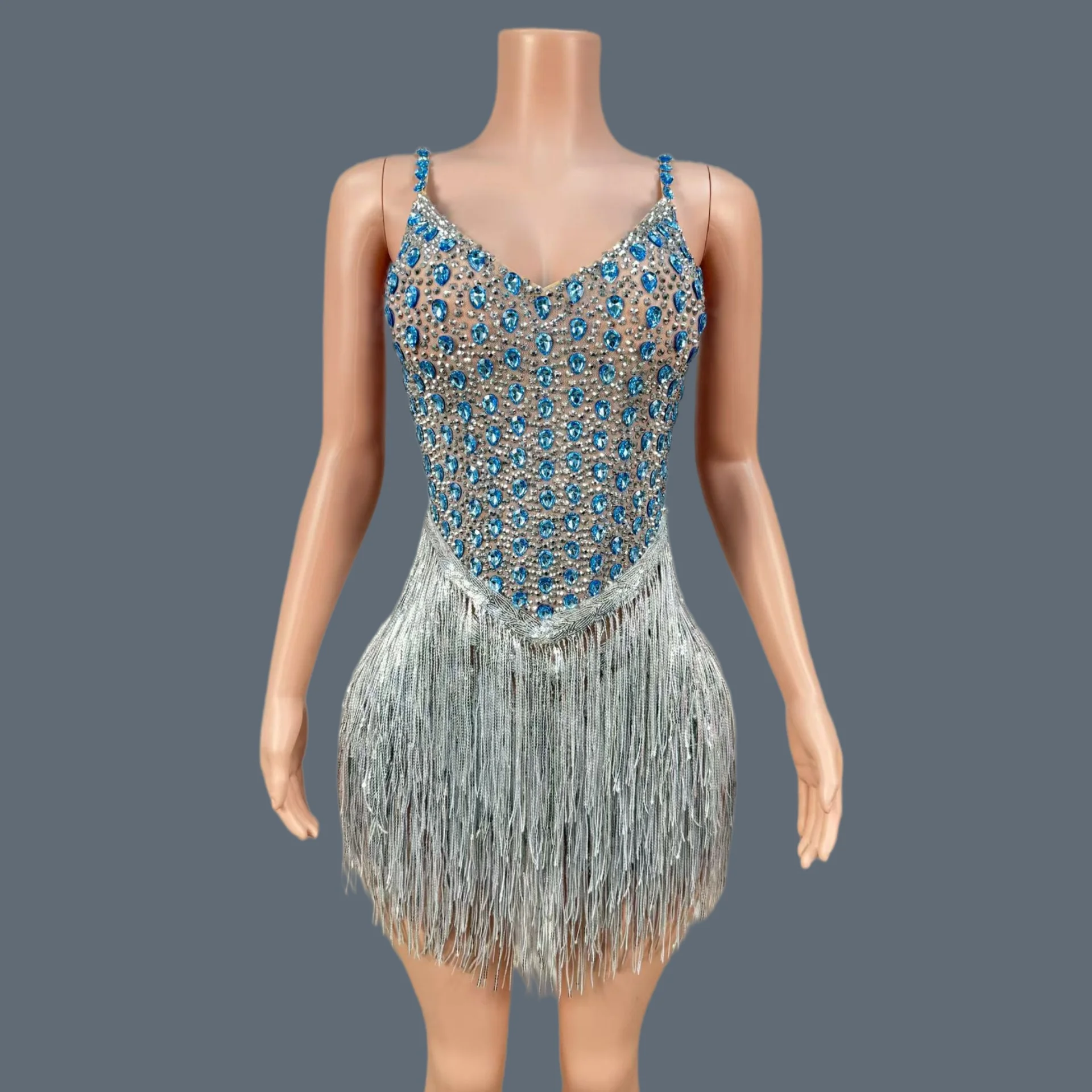 Luxury Off shoulder Tassel Mini Dress Latin Dance Tight Fitting Bodysuit Celebrate Party Show Drag Queen Performer Wear Humian