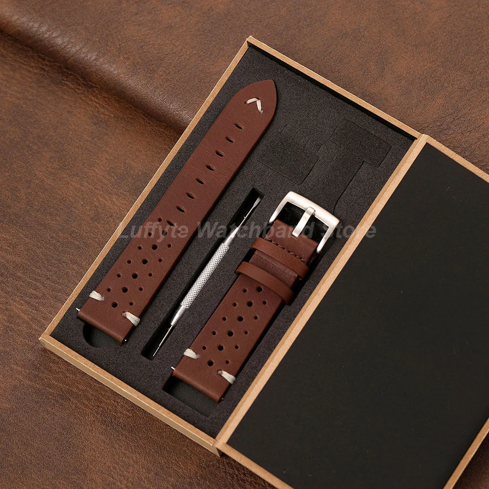 Business Retro Men Calfskin Genuine Leather Wrist Strap 20mm 22mm with Quick Release Spring Bar Gift Packing Box Watch Band