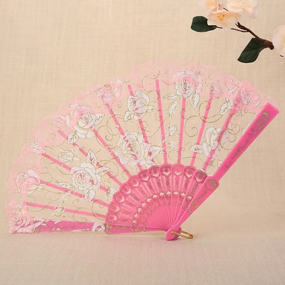 Craft Handheld Ladies Lace Hand Fan Plastic Handle Rose Pattern Dance Fan Translucent Folding Fan Gift