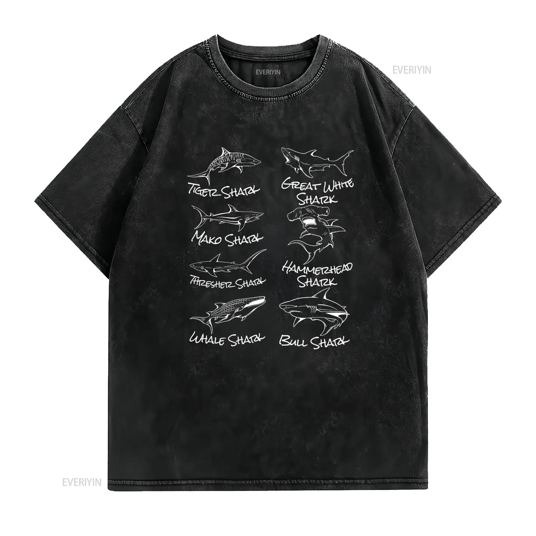Cool Line Art Assorted Shark Species Print Lover Casual T Shirt vintage Washed Versatile Comfortable Soft streetwear graphic