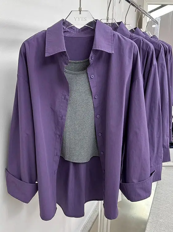 

Early Autumn 2025 Women's Purple Loose irt Korean Sle Commute Pure Cotton Long Sve Collar Regular Fit Faionable...