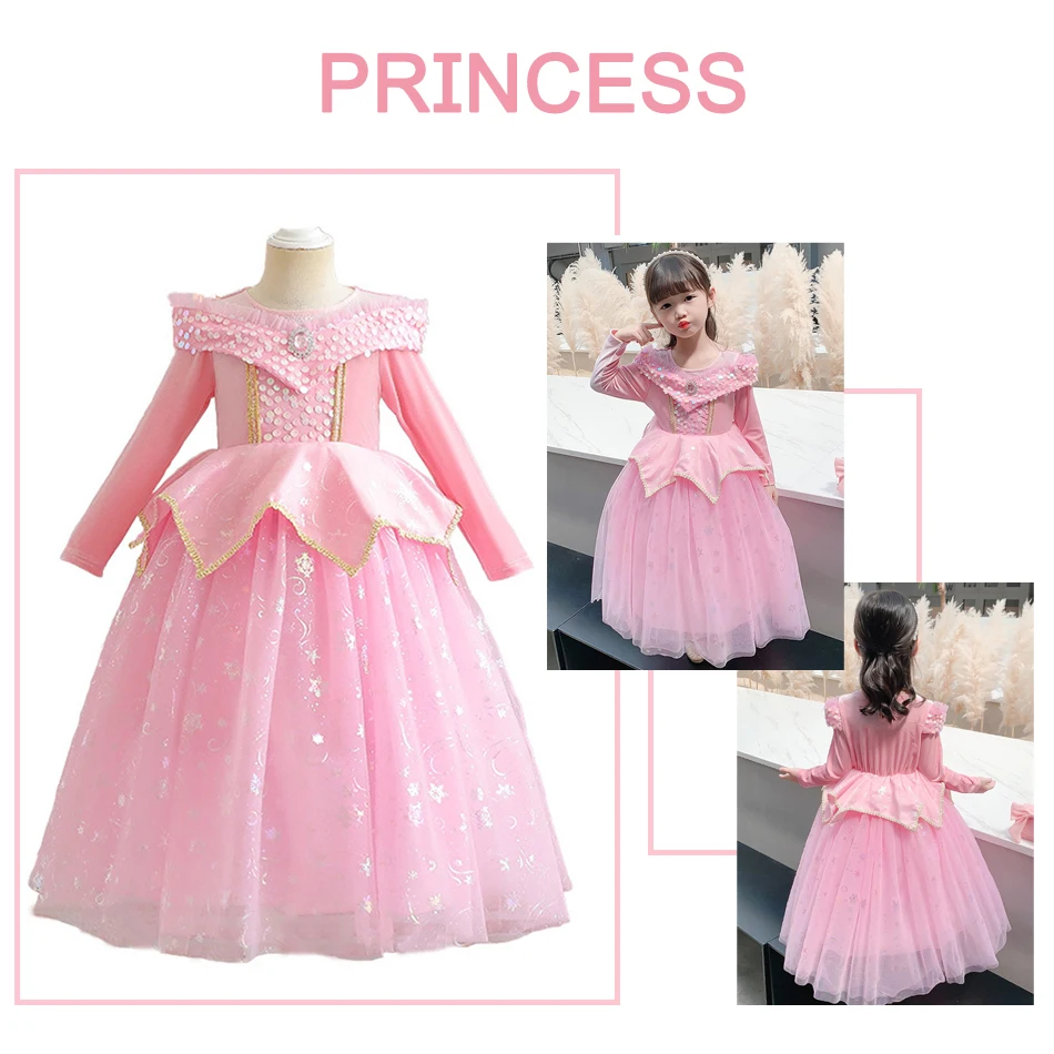 Sleeping Beauty Princess Dress Girl Long Sleeve Sequined Ball Gown Birthday Party Fancy Dress Spring and Autumn