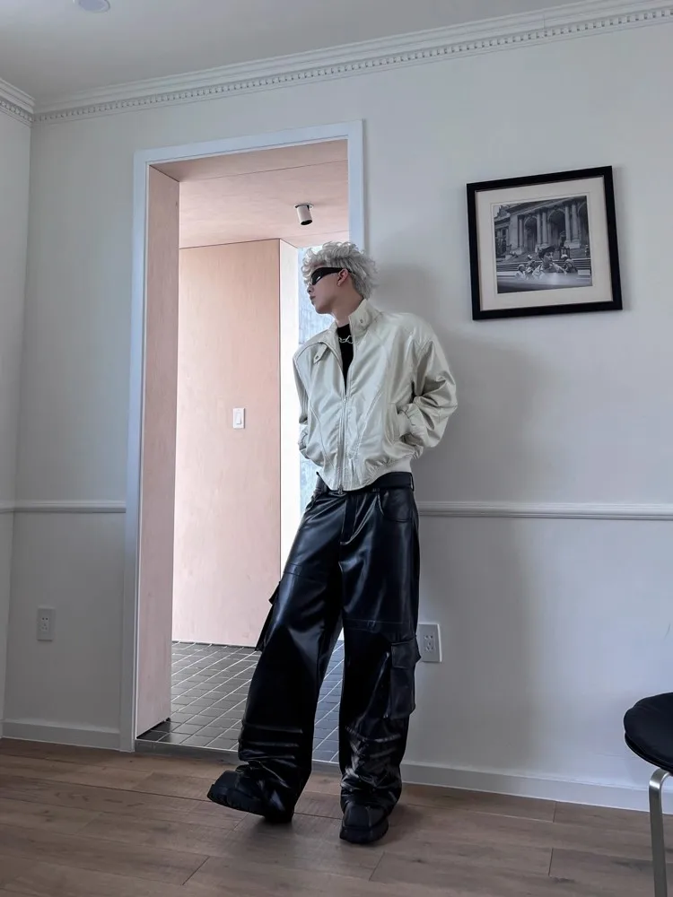 

Retro Biker Jaet Men's Loose ort PU Leather Coat Stand Collar Design Casual Anti-Wrinkle Warm Long Sve Zipper Closure