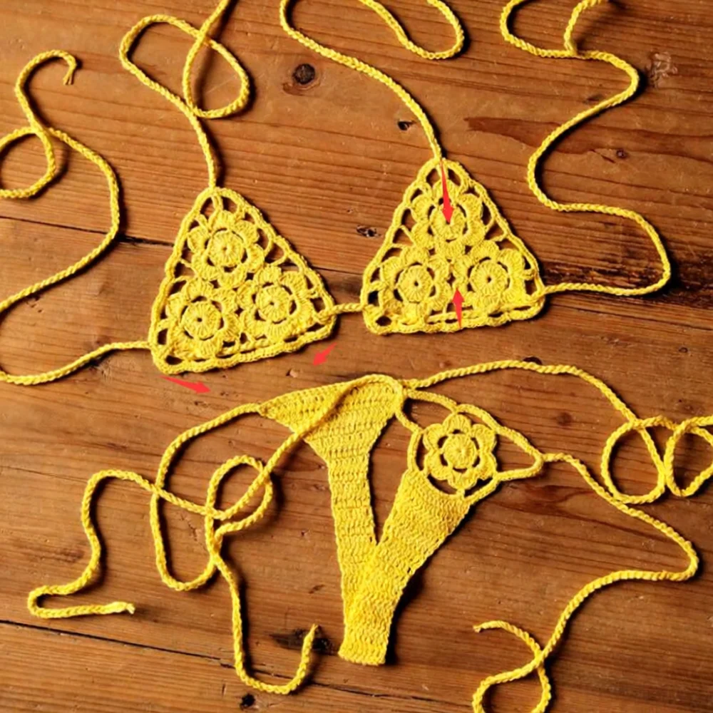 Sexy Women Handmade Crochet Bikini Set Beachwear Split Swimsuit Bathing Suit Summer Vacation Holiday Knitted Micro Wear