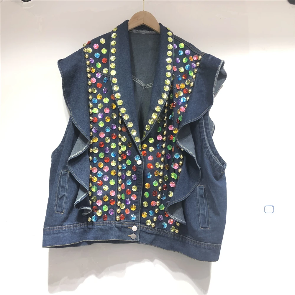 

2023 Summer New Fashion Luxury Gems Denim Jackets Women Chic Ruffled Turndown Loose Sleeveless Jean Coat Streetwear Female