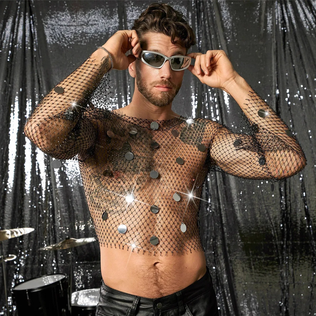 

European And American Cyber-Style Diamond-Encrusted Men'S Fishing Net Shirt Handcrafted Heavy-Duty Mesh Sexy Vest For Men