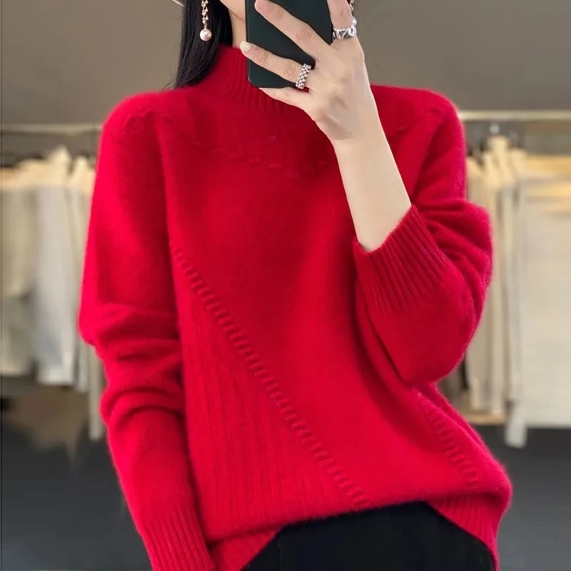 Autumn Winter Women\'s Sweater 100% Merino Wool Thick Pullover Long Sleeve Turtleneck Casual Cashmere Knitwears Female Jumpers