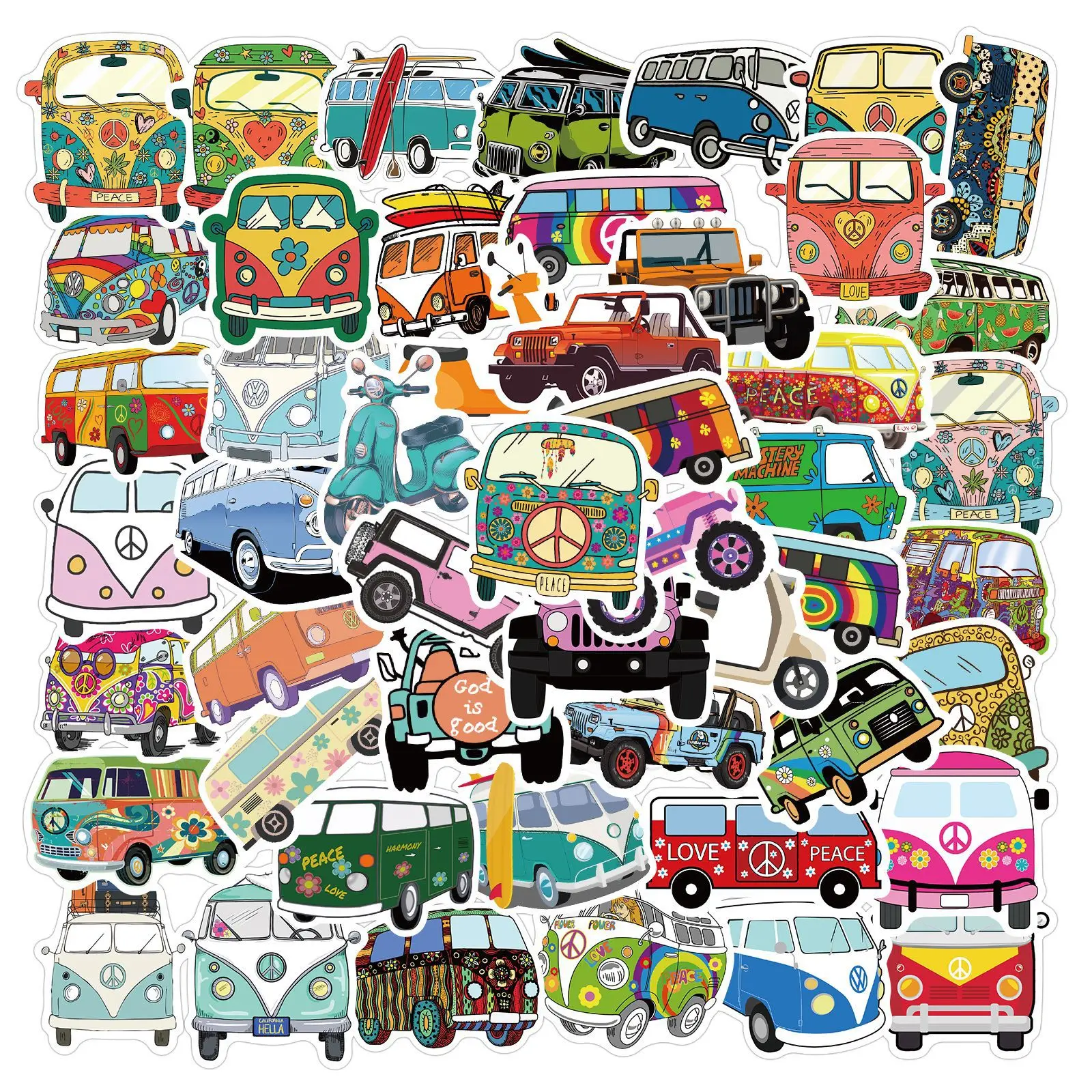 10/30/50Pcs Retro Hippies Stickers Love And Peace Bus Stickers For Car Laptop Luggage Skateboards Diary Stationery Decal Sticker