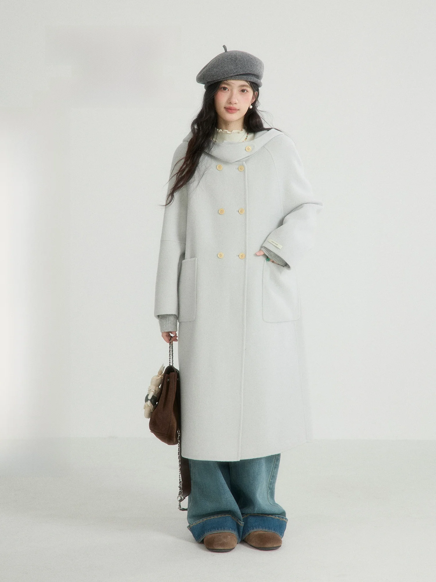 

ORWhite Vintage Woolen Coat Women's Winter Mid-Length Hooded Thiened Camere Outerwear Faionable Commute Sle