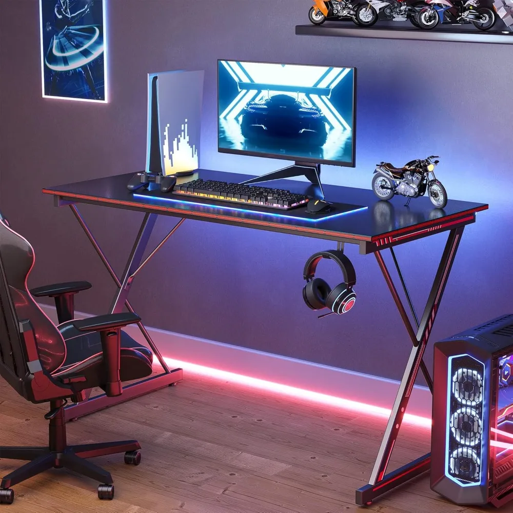 47-Inch Carbon Fiber Gaming Desk with Headphone Hook, Sturdy Steel Frame for Home Office