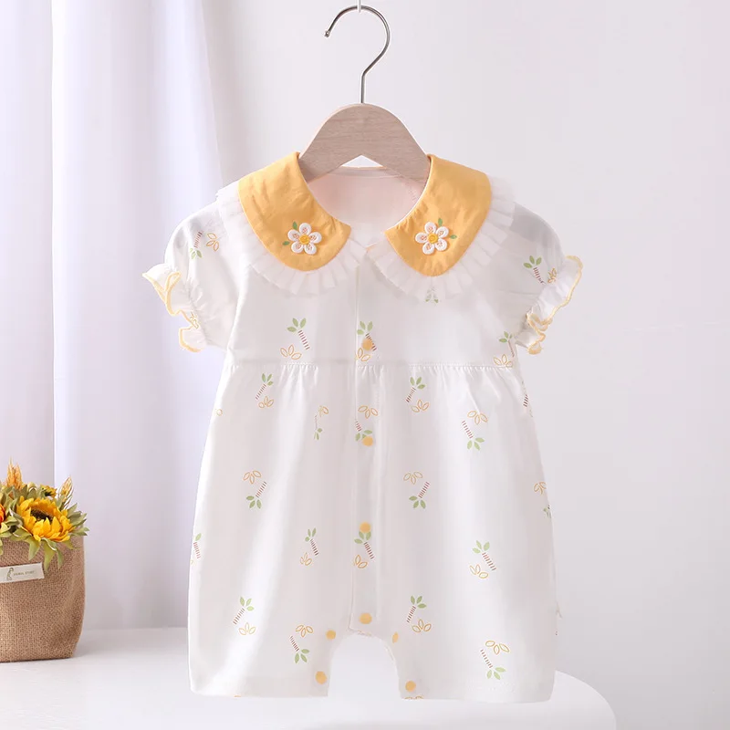 Summer New Baby Jumpsuit Baby Girl Short Sleeved Hoodie 0-2 Year Old Children's Thin Onesie Crawling Suit