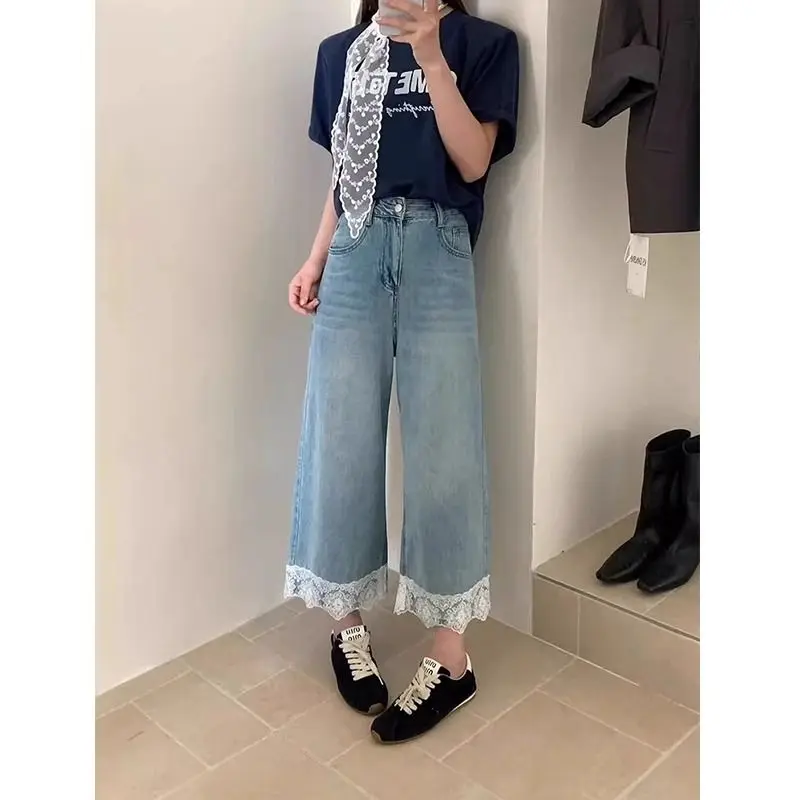 High Waist Lace Patchwork Nine-Tenths Jeans Women Summer plus Size Small Figure Loose Wide Leg Straight Cut Denim Pants