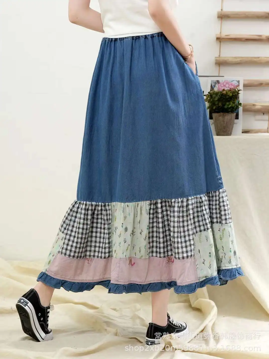 Vintage Blue Denim Patchwork Ruffle Cotton Linen Cake Skirt Women Japan Mori Kawaii High Waist A Line Pleated Long Skirt Female