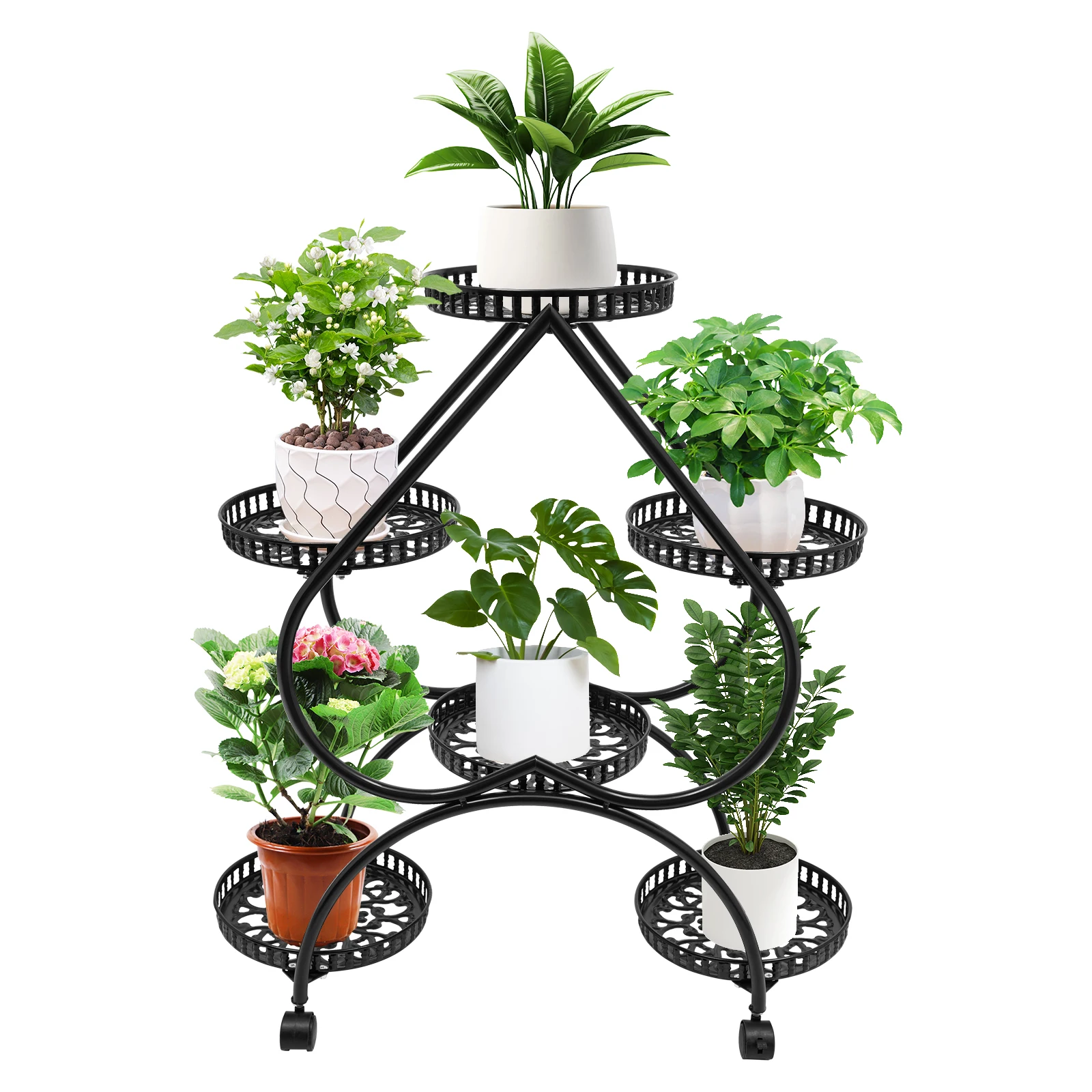 6 Potted Metal Plant Stand Heart-shaped Flower Pot Stand 6 Trays Plant Display Rack Plants Holder w/ 4 Universal Wheels - Image 6