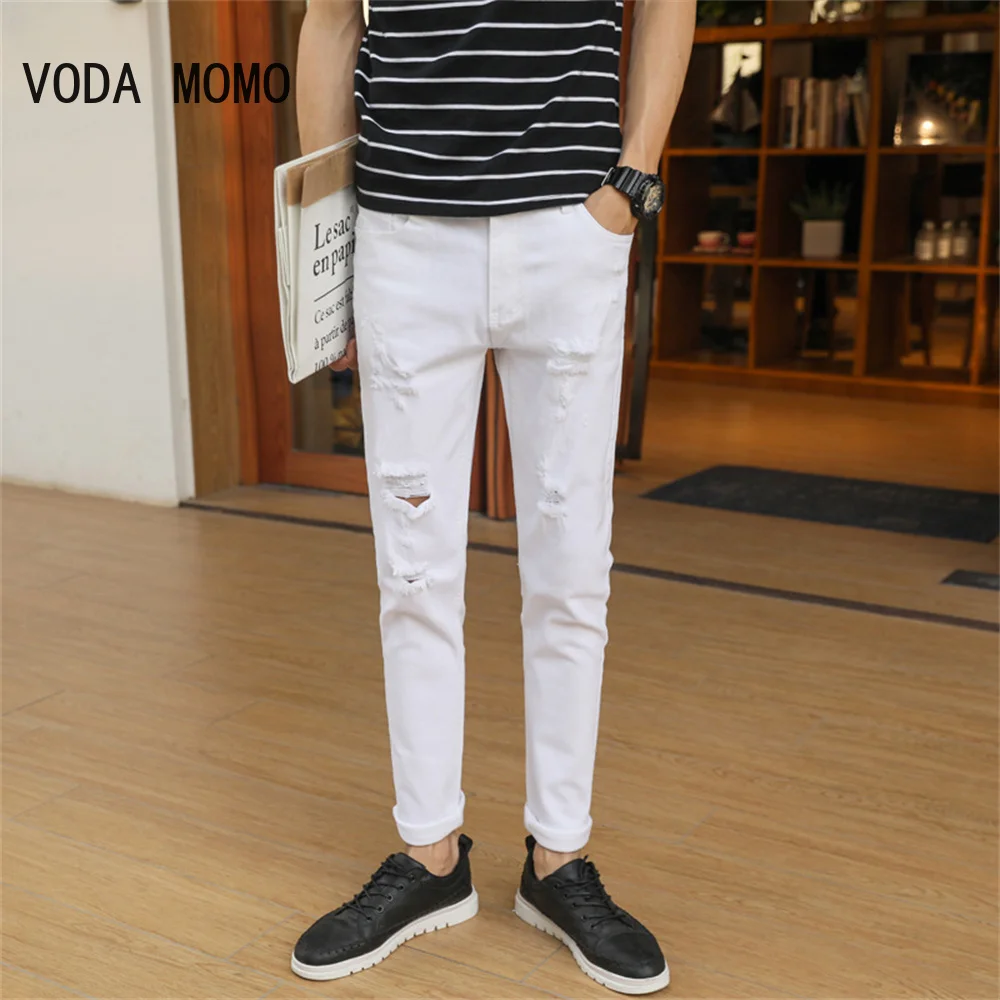 

Fashion Casual White Ripped Jeans For Men Jeans Pants Slim Skinny Stretch Denim Pants Man Elastic Waist Jogging Denim Trousers