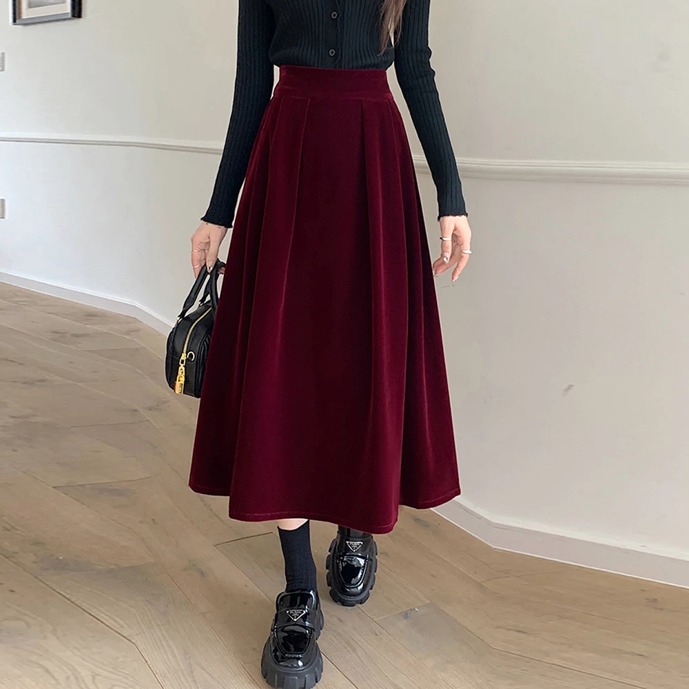 Women\'s Autumn Winter Loose Elastic Waist Pleuche Gold Velvet Skirt Solid Big Swing Casual A-line Female Pleated Skirt Black