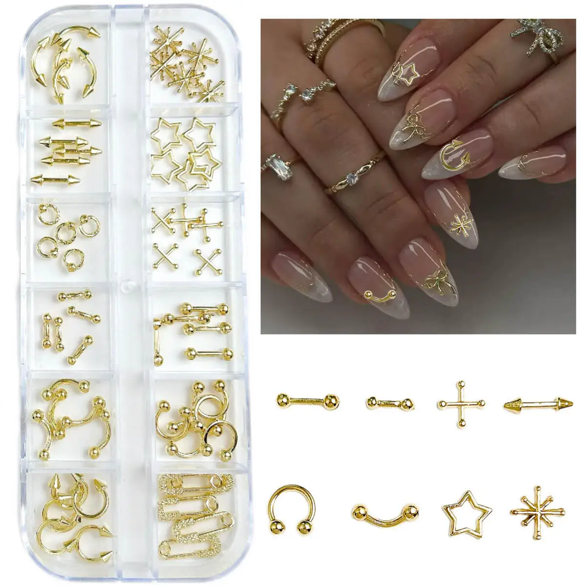 1 caixa vintage punk 3d liga rebite encantos da arte do prego estilo simples estrela anel redondo decoração da arte do prego manicure acessórios diy