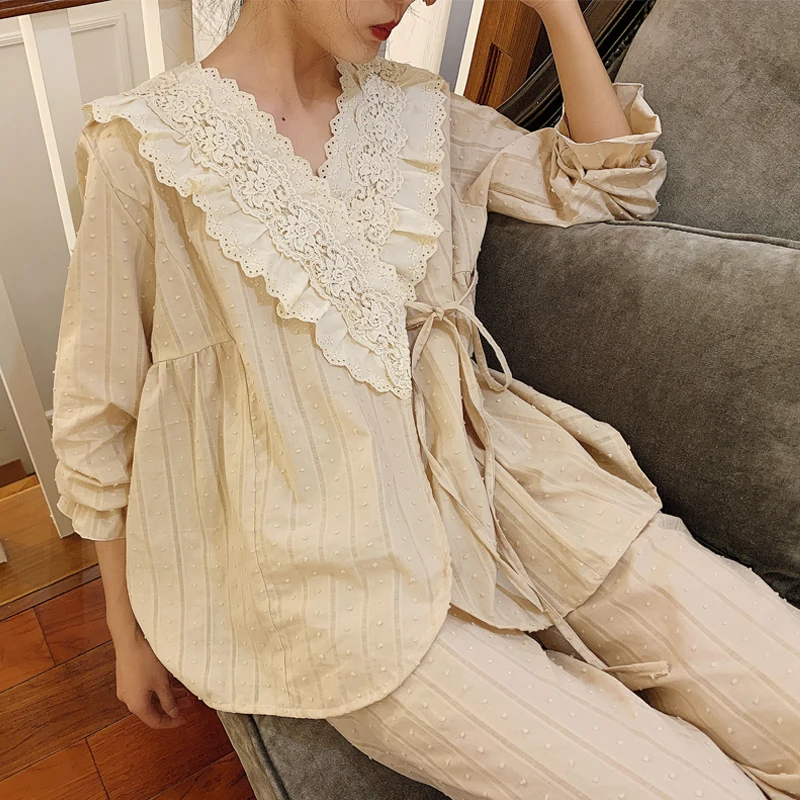 New Women Cute Flower Embroidery Lace V Neck Pajama Sets.Vintage Lady Lace up Princess Pyjamas Set.Sleep Loungewear Nightclothes