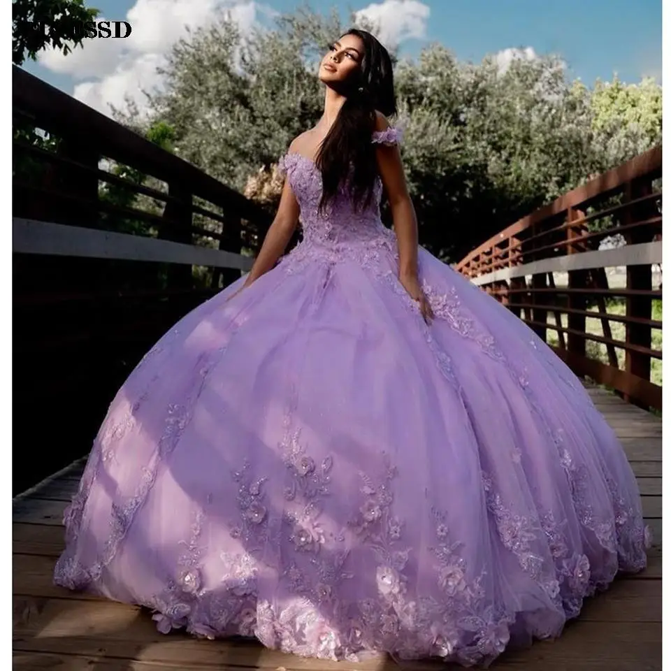 

2022 Purple Flowers Crystal Quinceanera Dress Ball Gown Off The Shoulder Appliques Lace Graduation Birthday Party Sweet 15