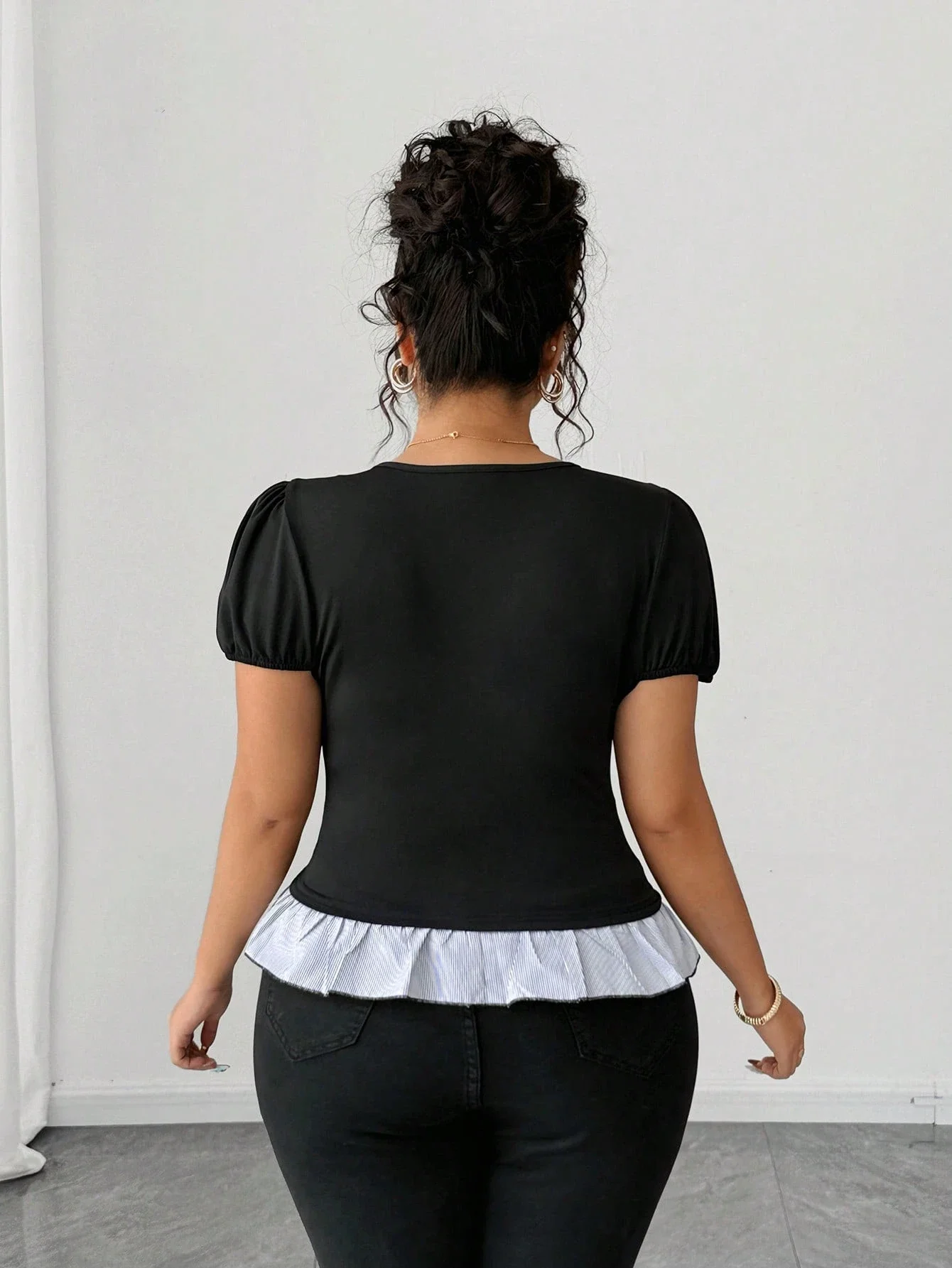 

Plus Size Women Casual Striped Patchwork Black Slim Fit Short Sleeve Peplum Top