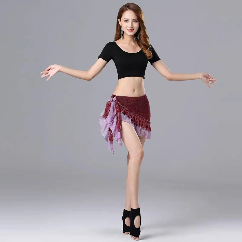 New Women Sexy Dancing Costume Short Sleeve Top Mesh Hip Scarf With Underpatns Belly Dance Practice Wear Dancing Outfit