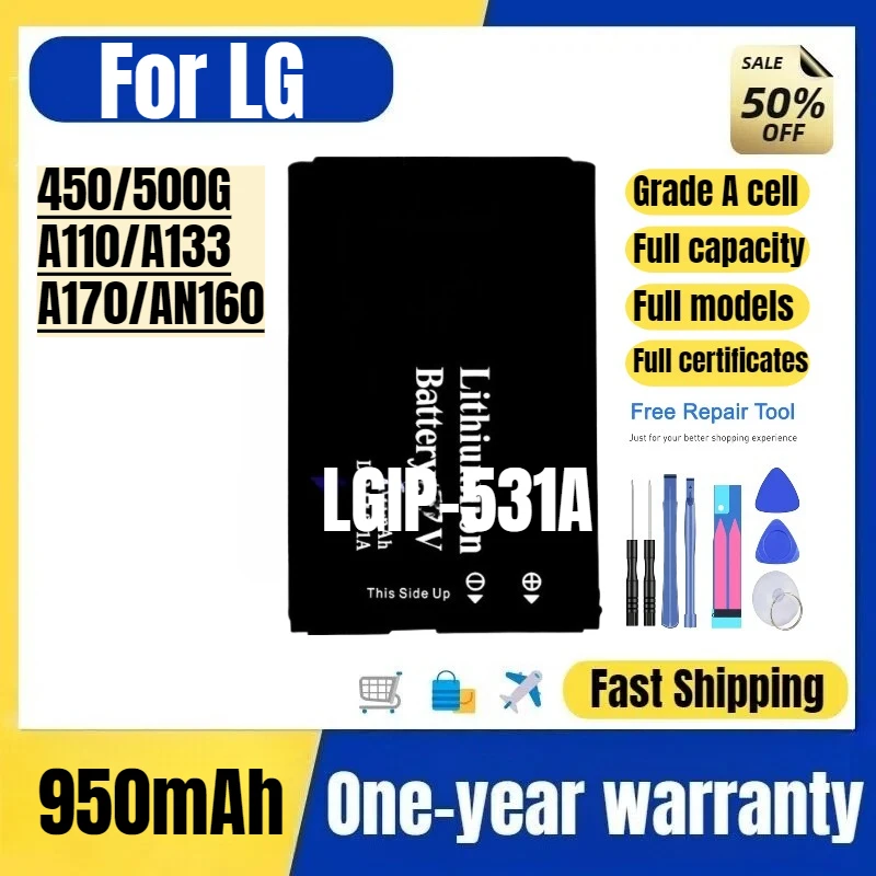 

Аккумулятор LGIP-531A для мобильных телефонов LG 450/500G/A110/A133/A170/AN160, высококачественная замена, класс А, с инструментами