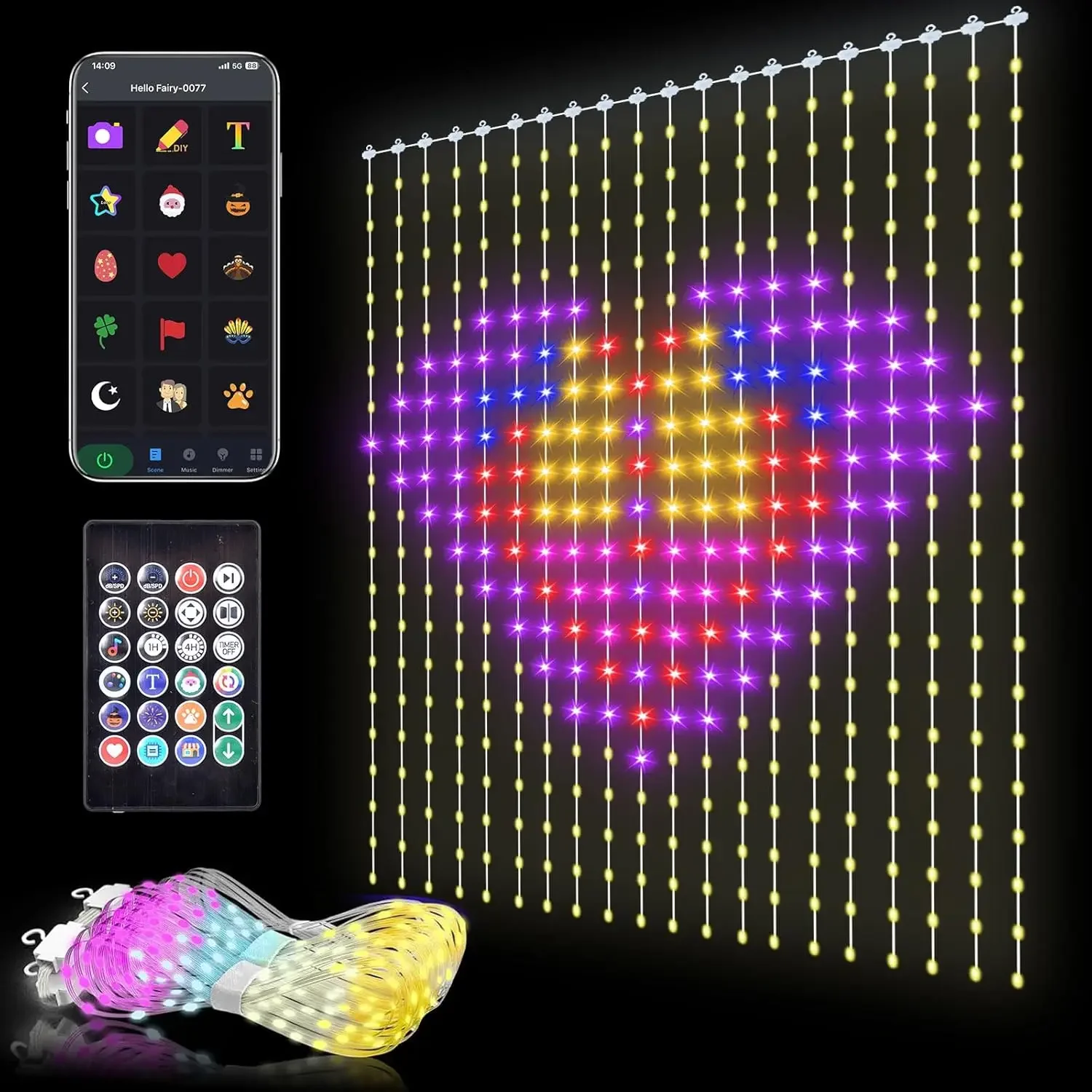 Smart LED Curtain Lights USB,400 LED Dynamic Pattern DIY Curtain String Lights with App & Remote Music Sync RGB Curtain Light