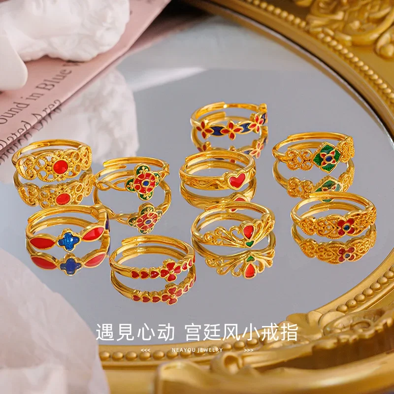 9999 Real Gold 24K Design Sense Retro Court Style Enamel Color Flower Silk Small Female Ring Bohemian Style Clover Love Ring