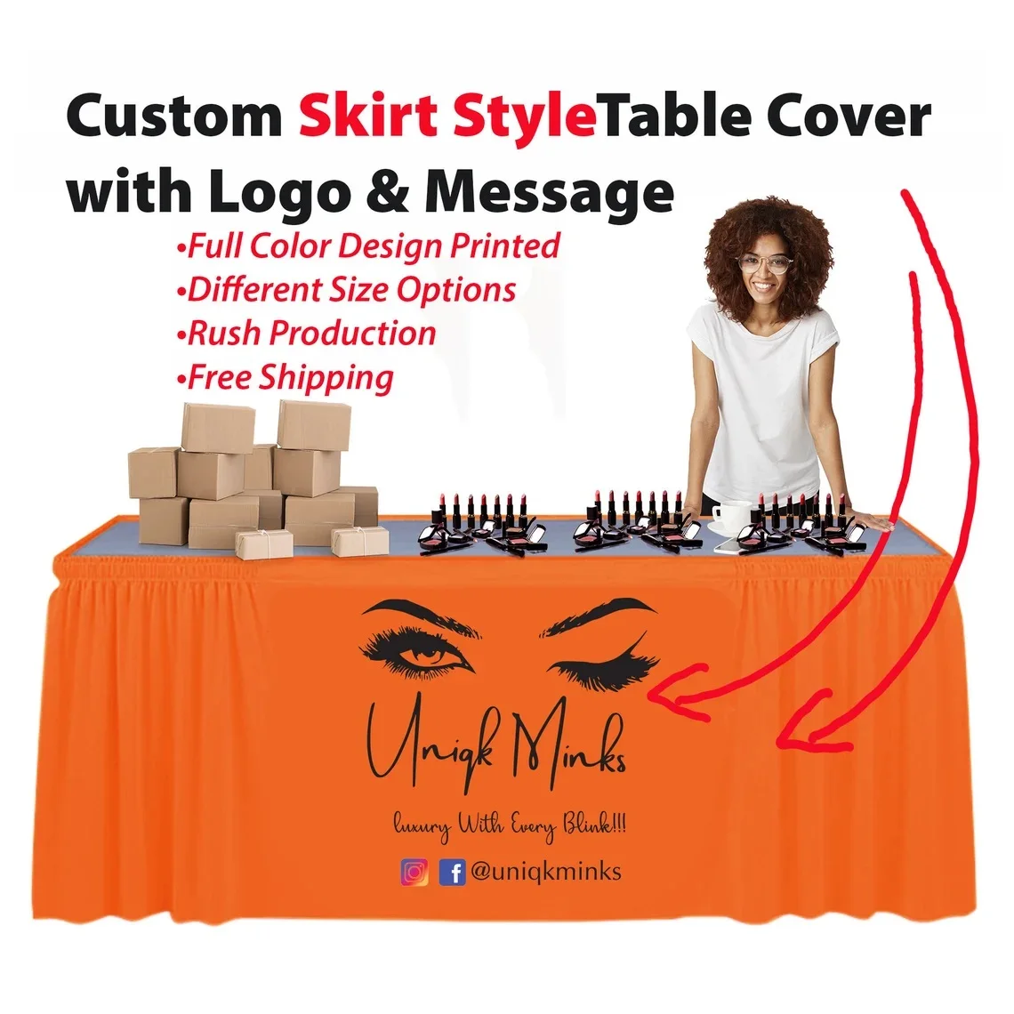 Personalized Table Cloth Skirt with Logo or Brand Name Printed in Full Color for Trade and Event, Wedding Banquet, Vendort