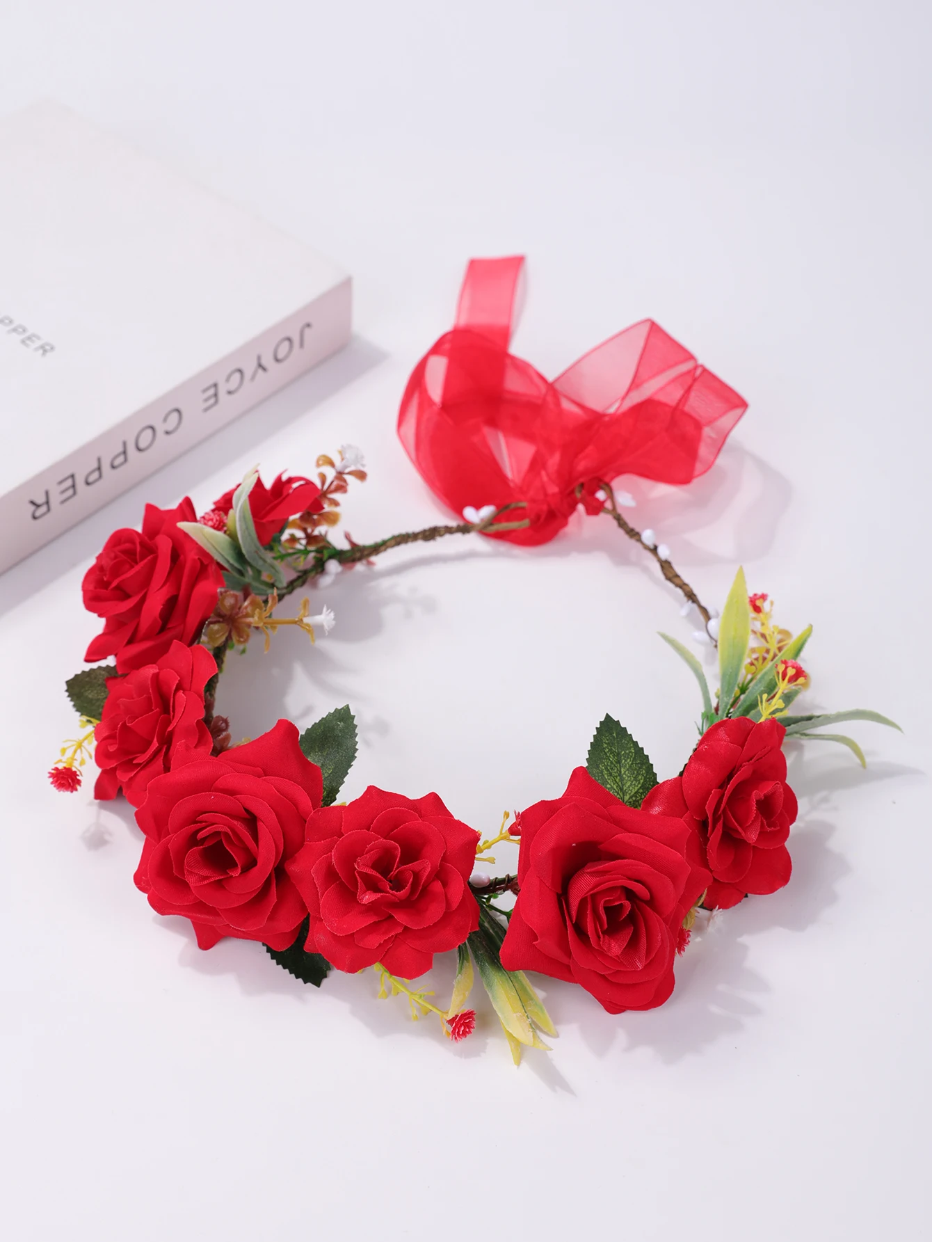 Red Synthetic Rose Flower garland Headband Fabric Rose Green Leaf Flowing Headpiece for Bridesmaid Wedding Photoshoot Vacation F