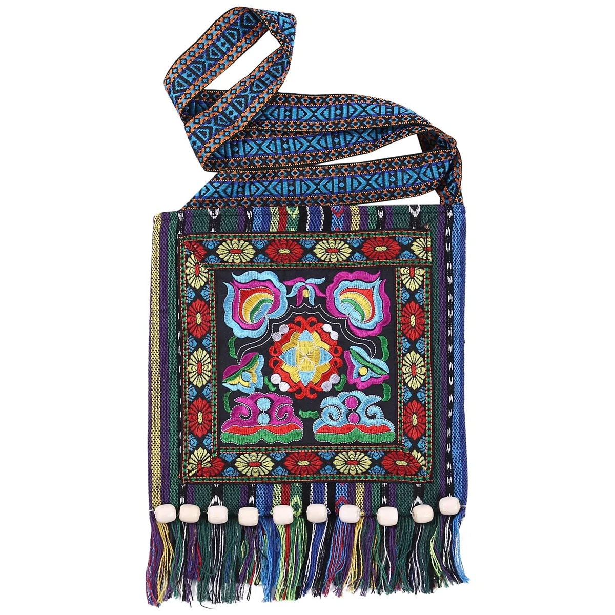 ABQR Hmong Vintage Chinese National Style Ethnic Shoulder Bag Embroidery Boho Hippie Tassel Tote Messenger