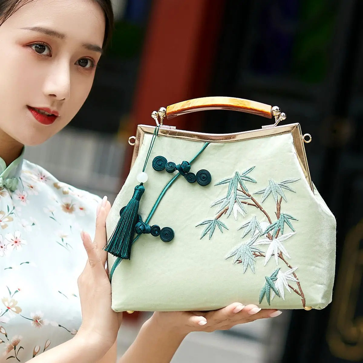 Female Velvet Aesthetic Cottage Bamboo Embroidery Hanfu Side Sling Bag Oriental Chinese Button Fringed Small Phone Green Handbag