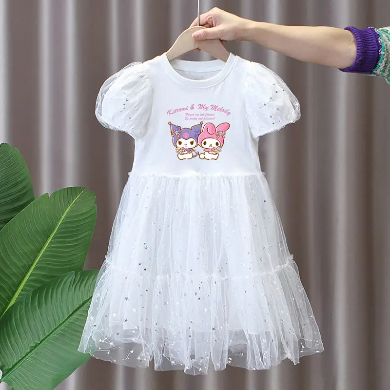 Anime Sanrioed Kuromi My Melody Girls Clothes Short Sleeve Dress Sweet Cute Party Princess Dresses Summer Gauze Skirt Girl Gift