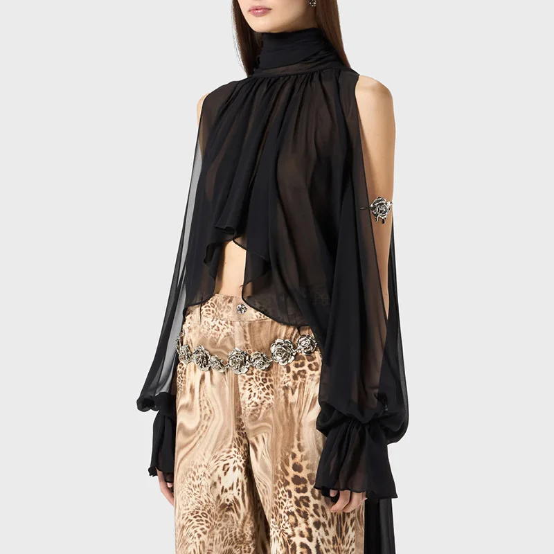 

Solid Irregular Shirts For Women High Neck Drop Sleeves Off-shoulder Solid Color Temperament Shirt Female Fashion Clothing New