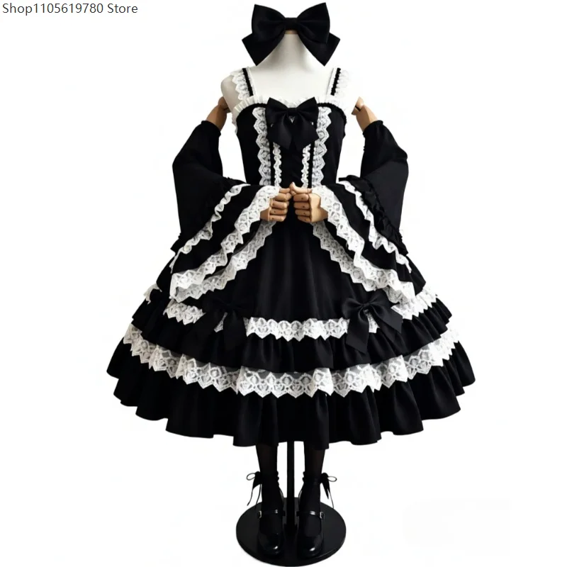 Japanischer Y2K Gothic Lolita Cosplay Viktorianischer Vintage Mehrlagiger Rüschen-Spitzen-Ärmel Süße Große Ärmel Schwarze Flare-Fake-Ärmel für Abschlussball-Requisiten