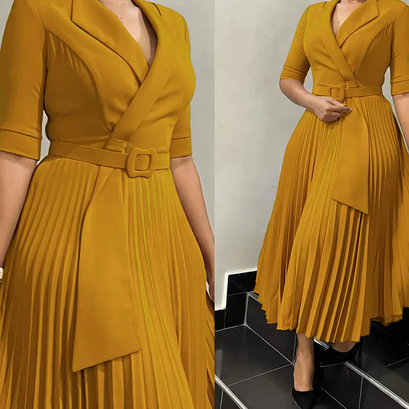 

African Dresses for Women Autumn Elegant Half Sleeve V-neck Polyester Pleat Dress Ankara Dashiki Dress Africa Clothing